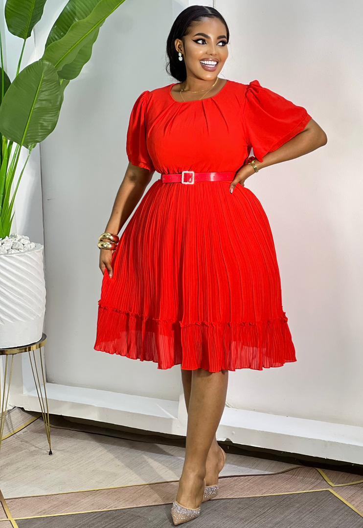 pleated midi dress with puff sleeves