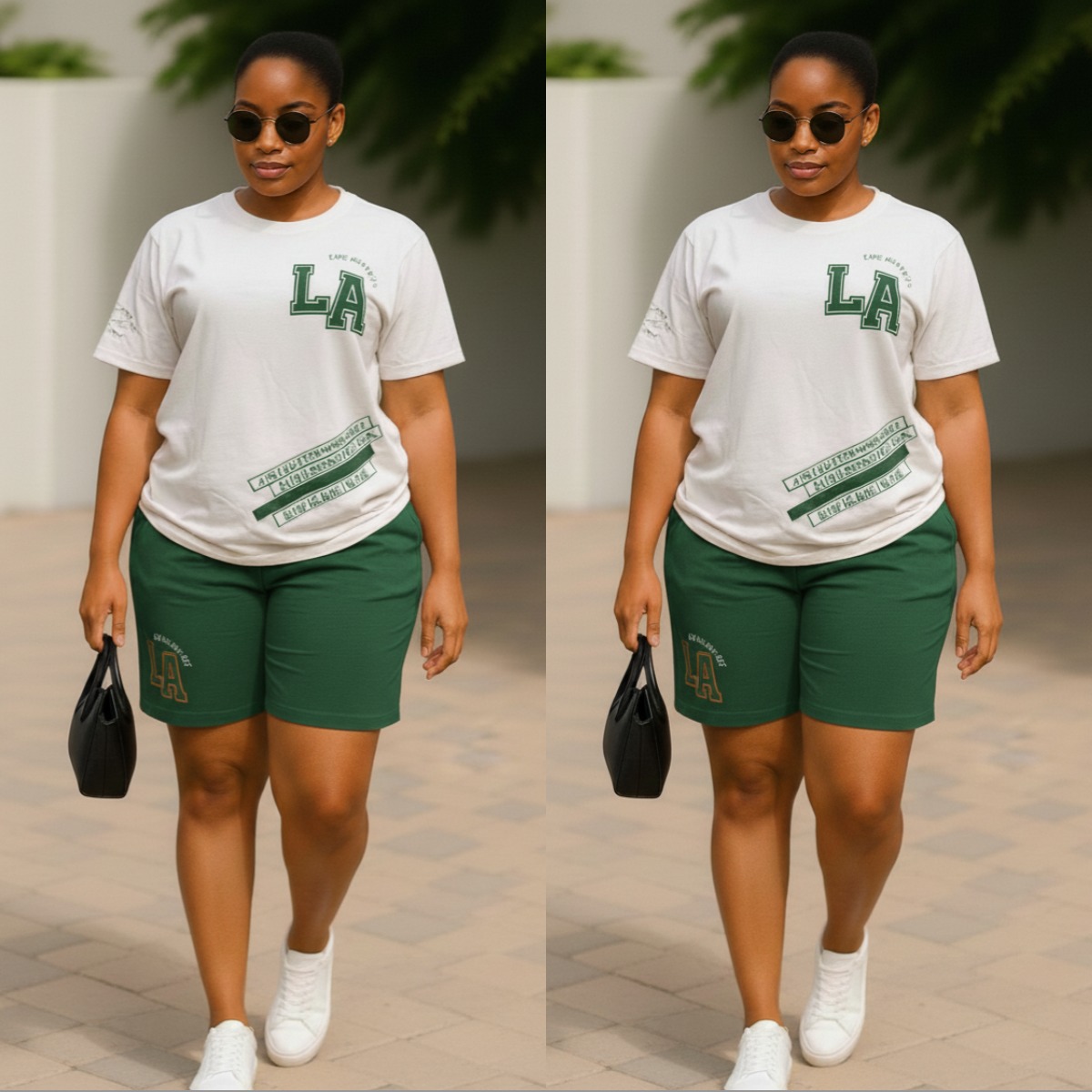  two-piece casual outfit consisting of a t-shirt and shorts