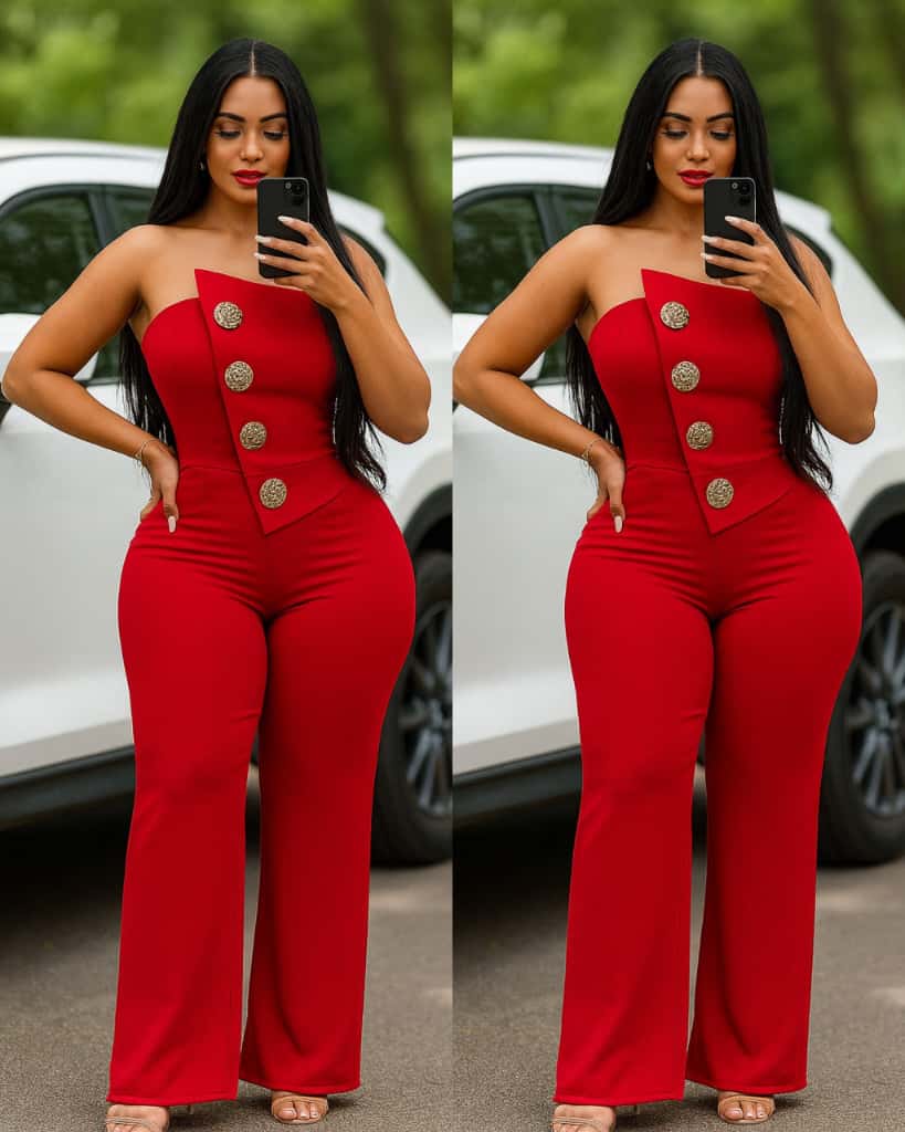 Asymmetrical Bandeau Strapless Jumpsuit Metal Button Decor. 